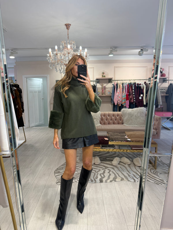 JESS FAUX FUR TRIM SLEEVE JUMPER GREEN