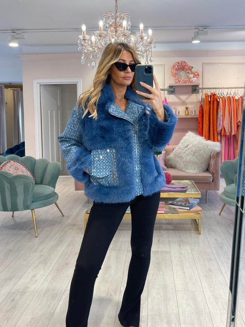 CHELSEA DENIM & FAUX FUR COAT BLUE