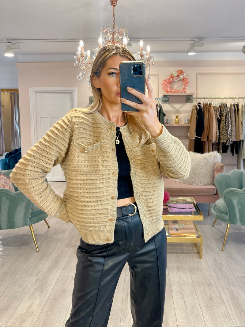 BAYLEIGH CAMEL CARDIGAN WITH GOLD BUTTONS