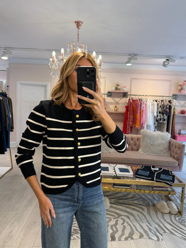 LOLA STRIPED KNIT CARDIGAN BLACK
