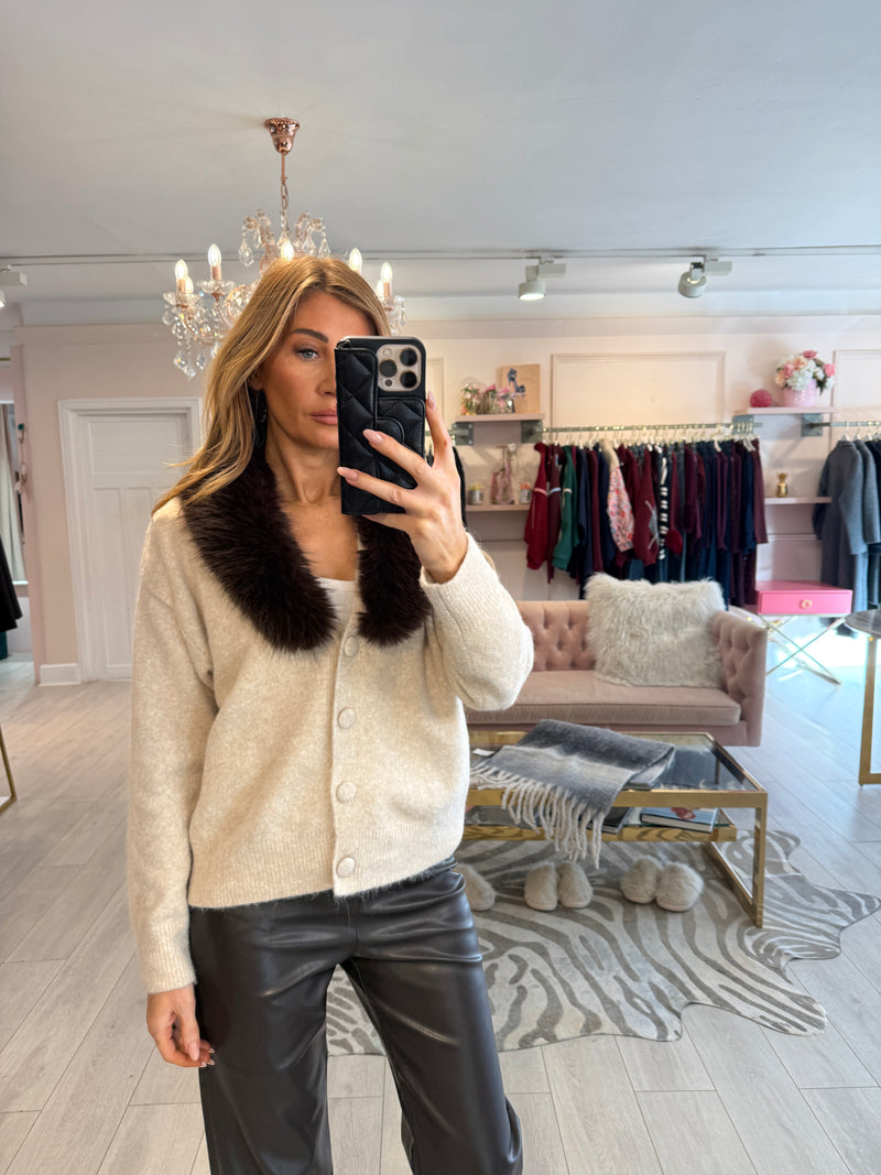 ISABEL FAUX FUR TRIM CARDIGAN BEIGE