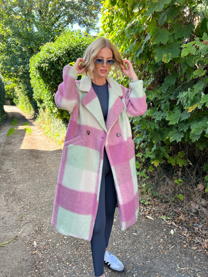 RAE MINT & PINK WOOL BLEND CHEQUERED DUSTER COAT