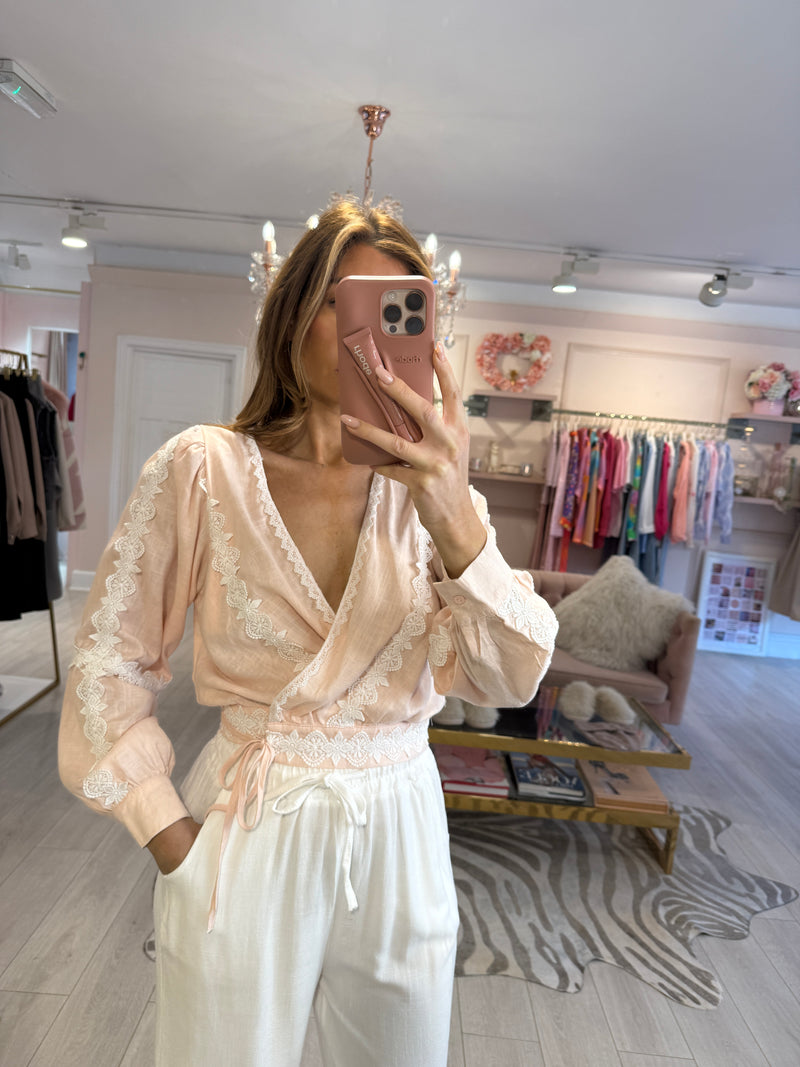 LAINEY CROP LINEN LACE TRIM BLOUSE PINK