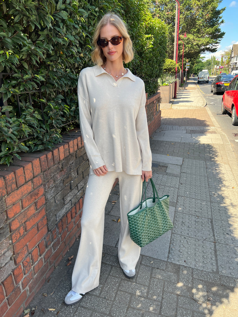 SOLENE BEIGE KNITTED TROUSER SET