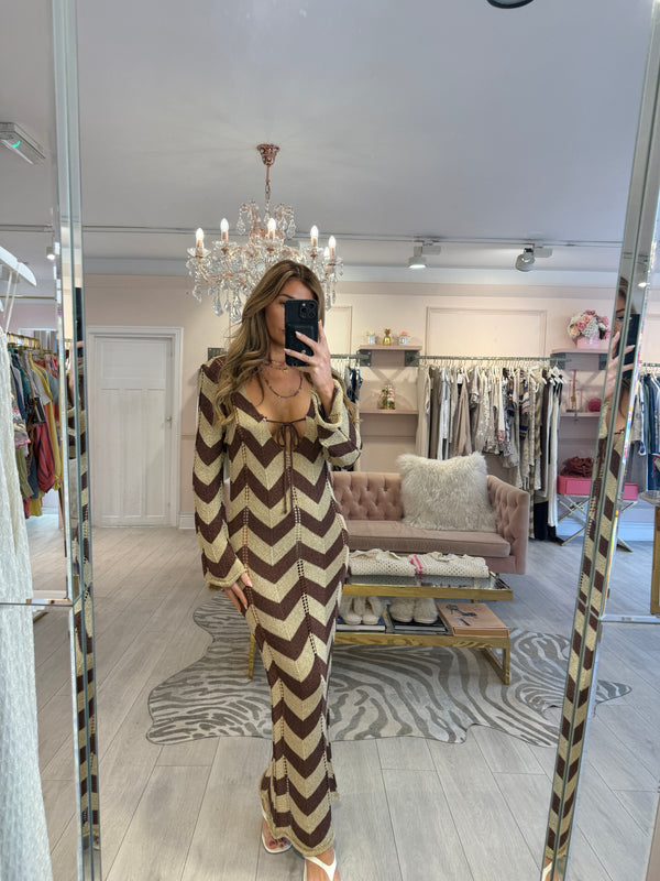 GOLDER HOUR BROWN CHEVRON KNIT MAXI DRESS