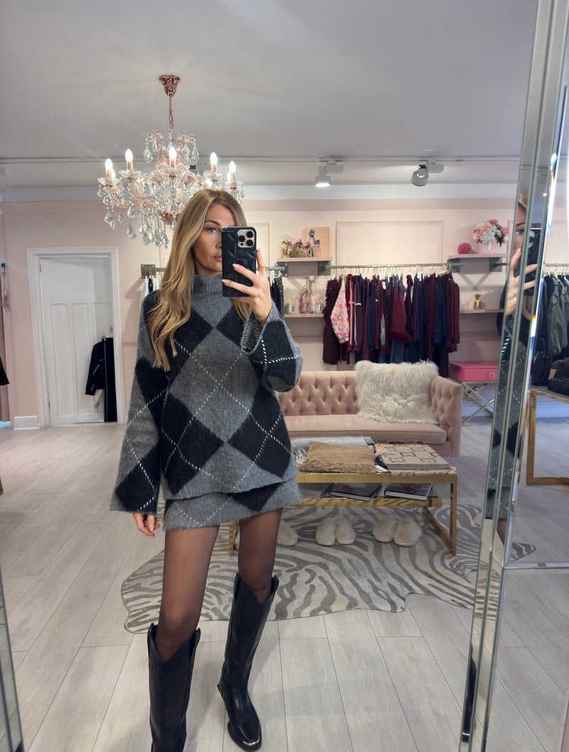 FREYA ARGYLE KNIT SKIRT SET BLACK NAVY GREY PRE ORDER 5.12.25