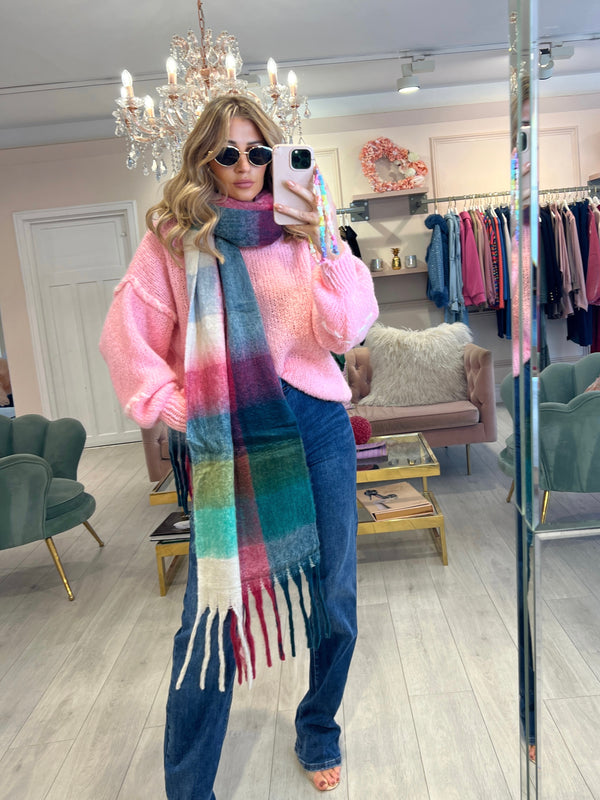 FUCHSIA CHECK FLUFFY SCARF