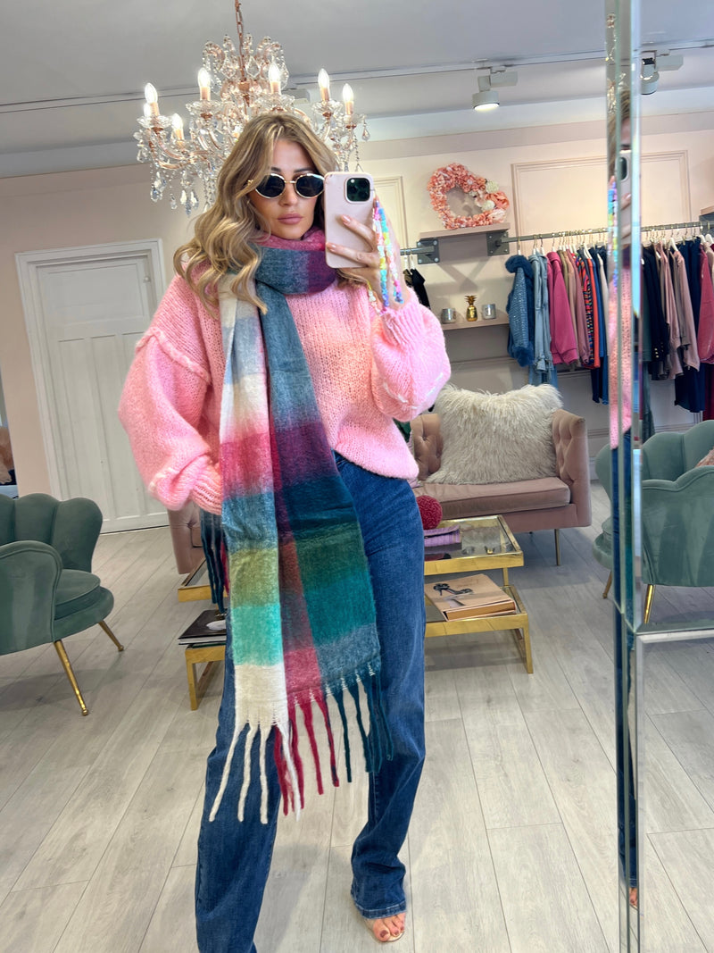 FUCHSIA CHECK FLUFFY SCARF