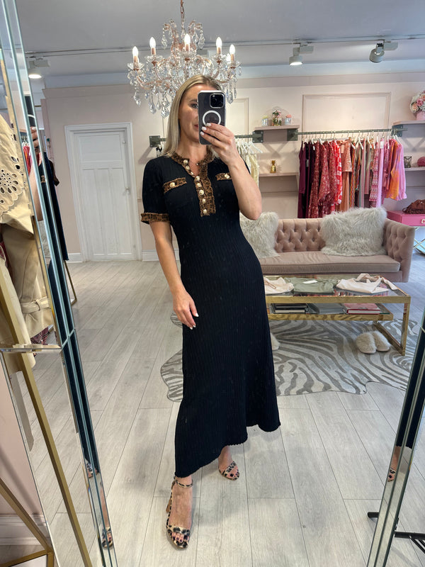 MAURA MIDI DENIM LEOPARD TRIM BLACK DRESS