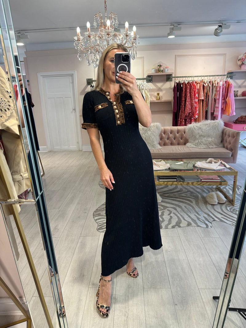 MAURA MIDI DENIM LEOPARD TRIM BLACK DRESS