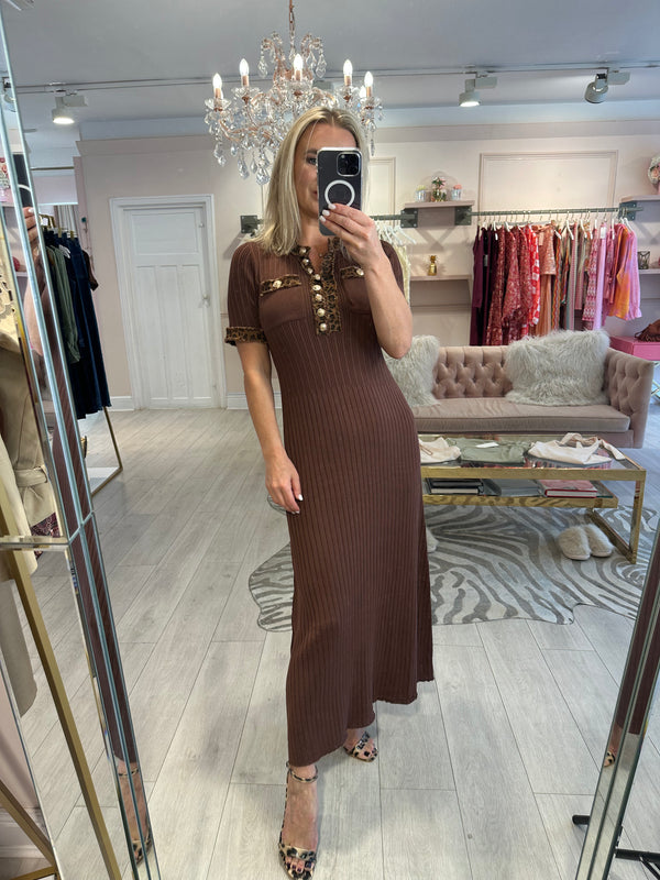 MAURA MIDI DENIM LEOPARD TRIM BROWN DRESS