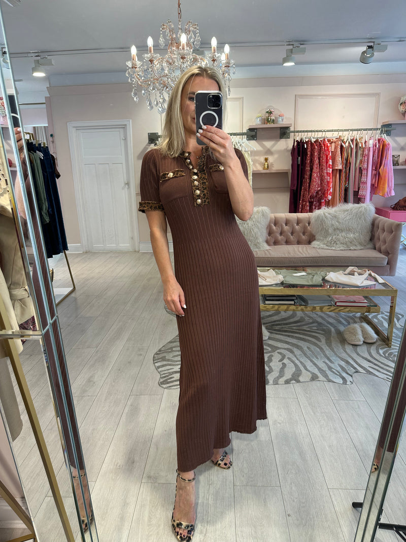 MAURA MIDI DENIM LEOPARD TRIM BROWN DRESS