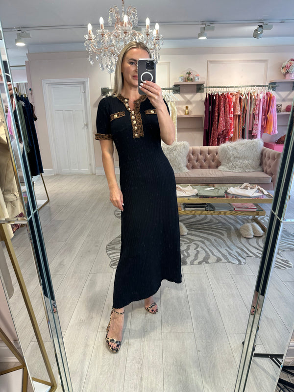 MAURA MIDI DENIM LEOPARD TRIM BLACK DRESS
