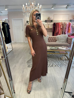 MAURA MIDI DENIM LEOPARD TRIM BROWN DRESS