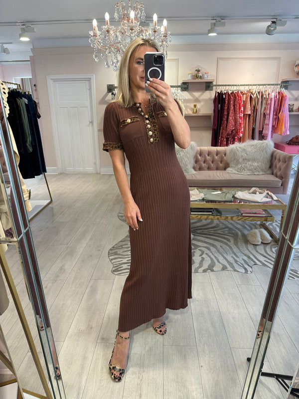MAURA MIDI DENIM LEOPARD TRIM BROWN DRESS