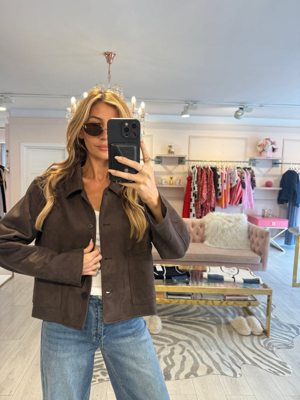 DARCEY FAUX SUEDE CROPPED JACKET BROWN