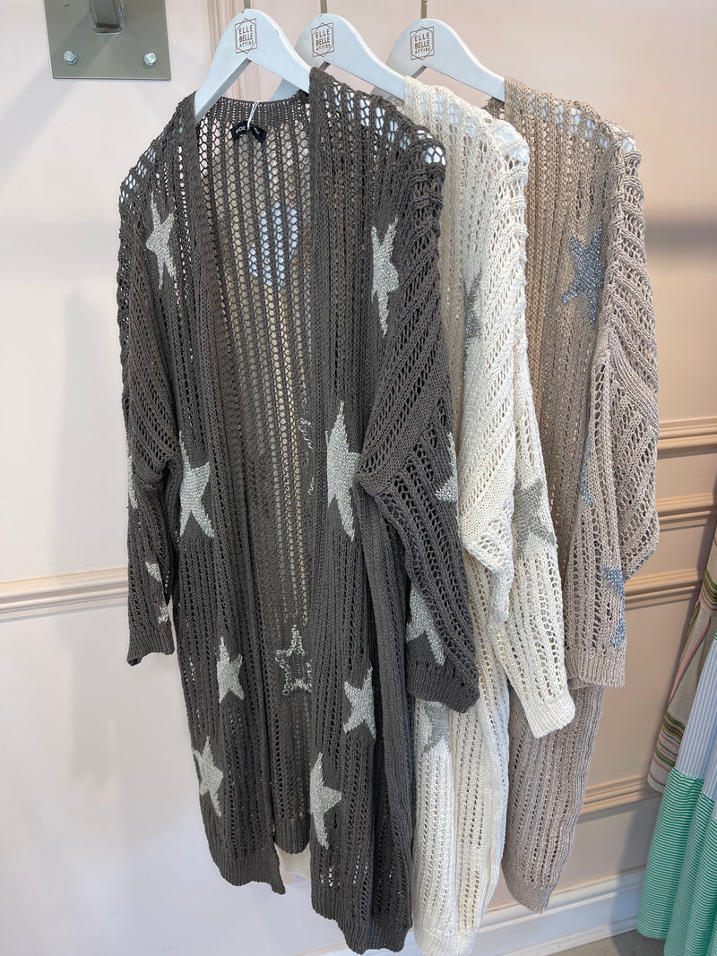 CREAM OPEN KNIT CARDIGAN WITH GOLD STARS