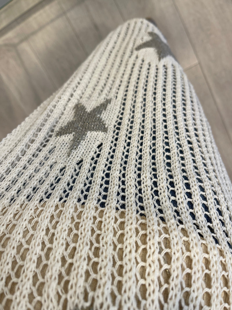 CREAM OPEN KNIT CARDIGAN WITH GOLD STARS