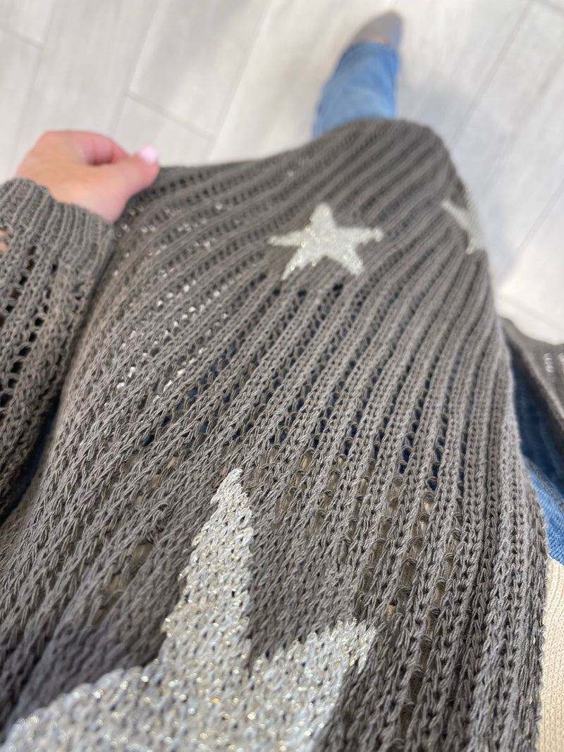 KHAKI OPEN KNIT CARDIGAN WITH GOLD STARS