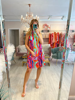 UNA HALTERNECK PRINTED PLEAT MINI DRESS