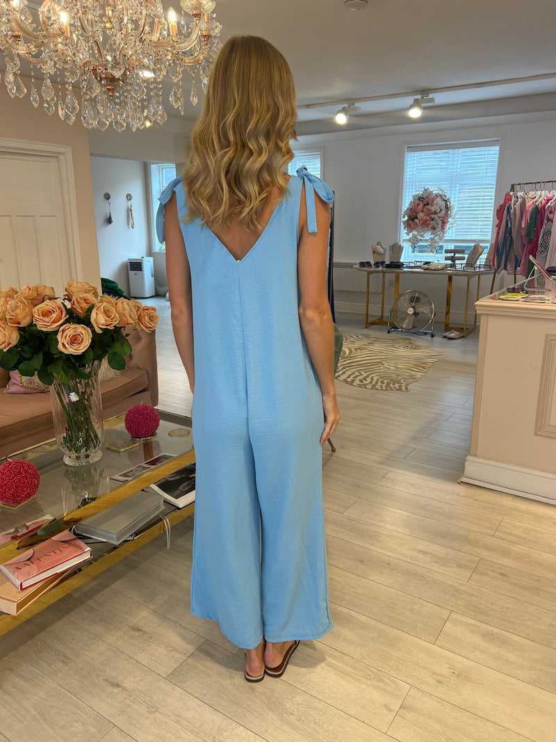 MOLLIE BLUE TIE SHOULDER WIDE LEG JUMPSUIT