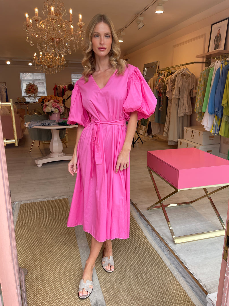 EMMI PINK PUFF SLEEVE MIDI DRESS