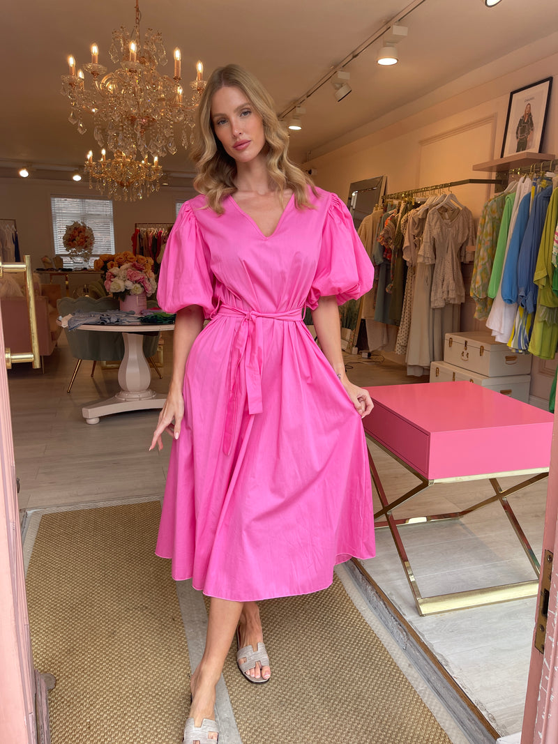 EMMI PINK PUFF SLEEVE MIDI DRESS