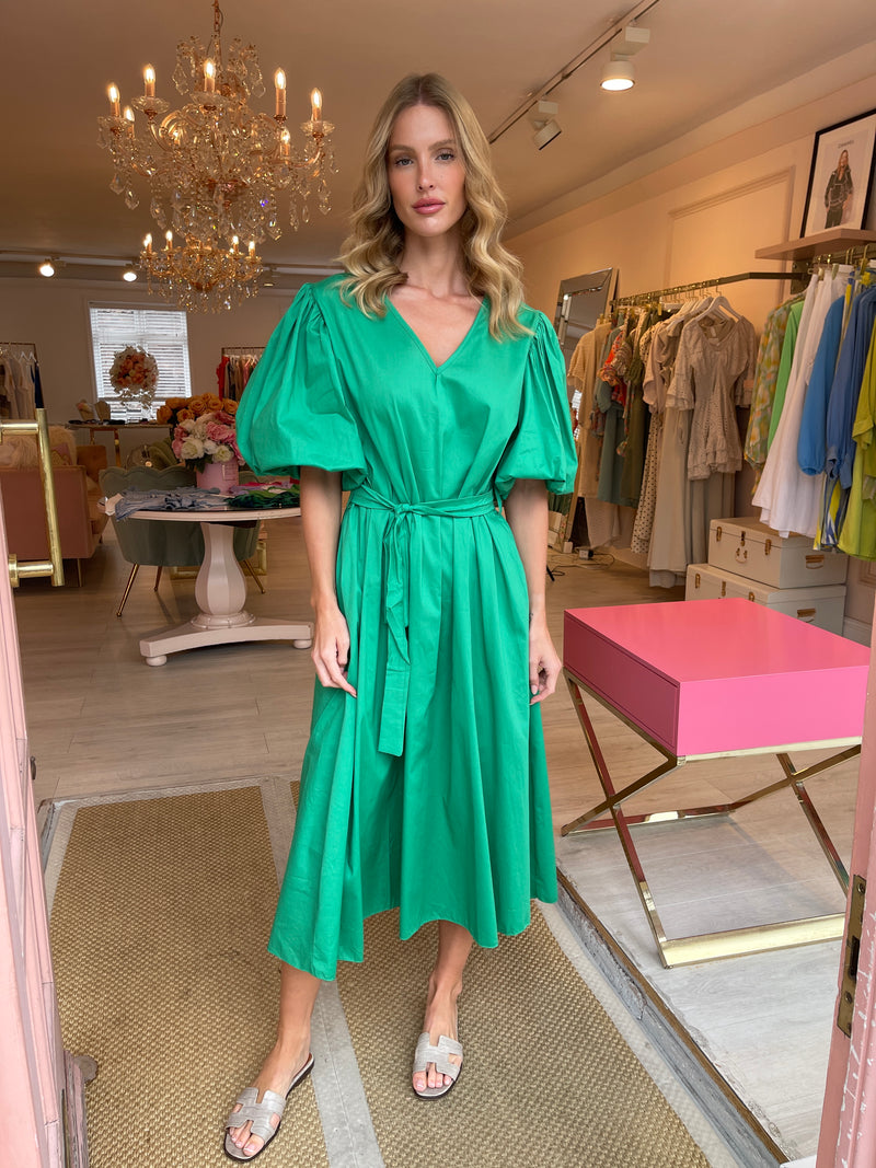EMMI GREEN PUFF SLEEVE MIDI DRESS