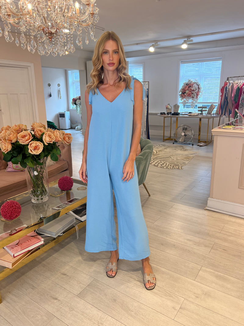 MOLLIE BLUE TIE SHOULDER WIDE LEG JUMPSUIT