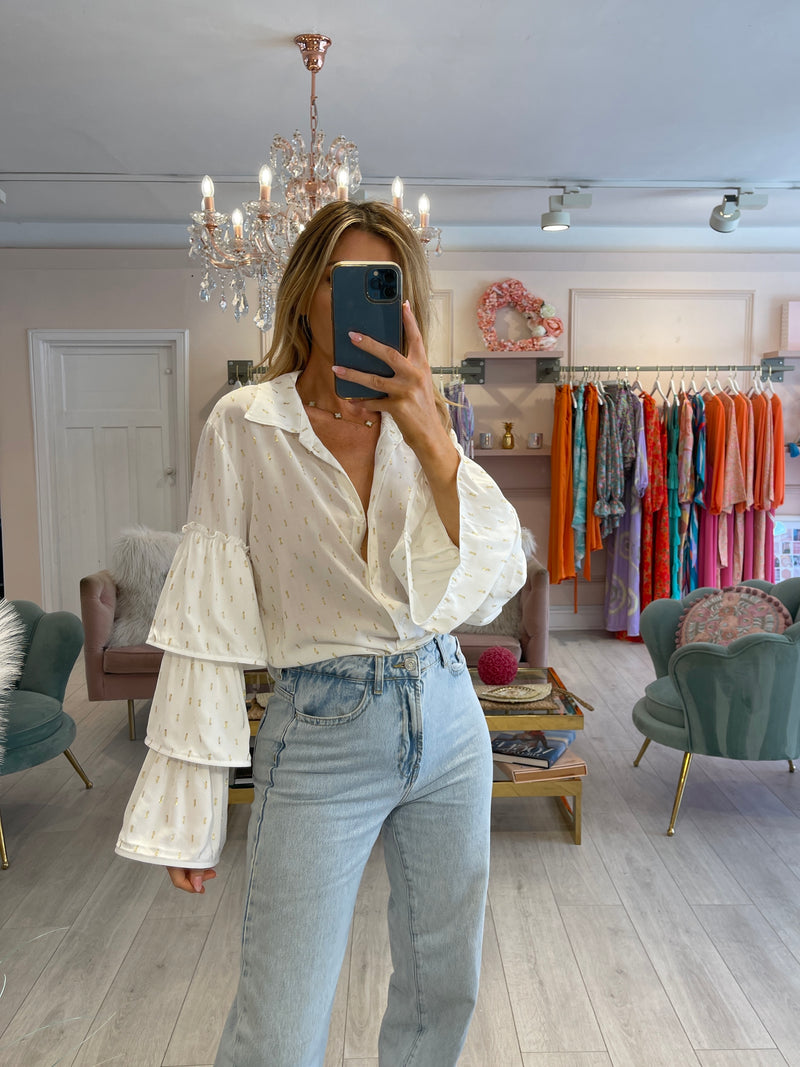 NELLIE LUREX THREAD TIERED SLEEVE BLOUSE IN WHITE