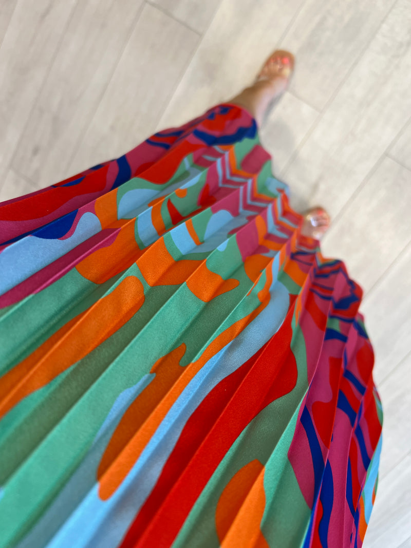 UNA HALTERNECK PRINTED PLEAT MINI DRESS