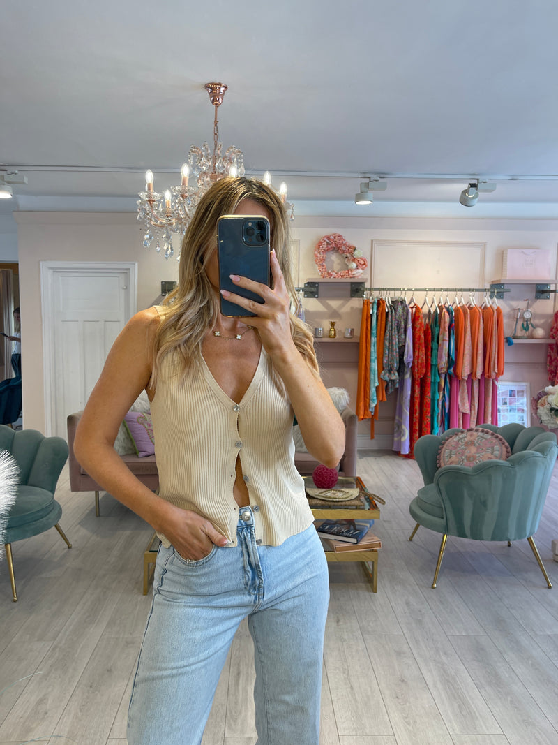 BISQUE RIBBED WAISTCOAT STYLE VEST TOP