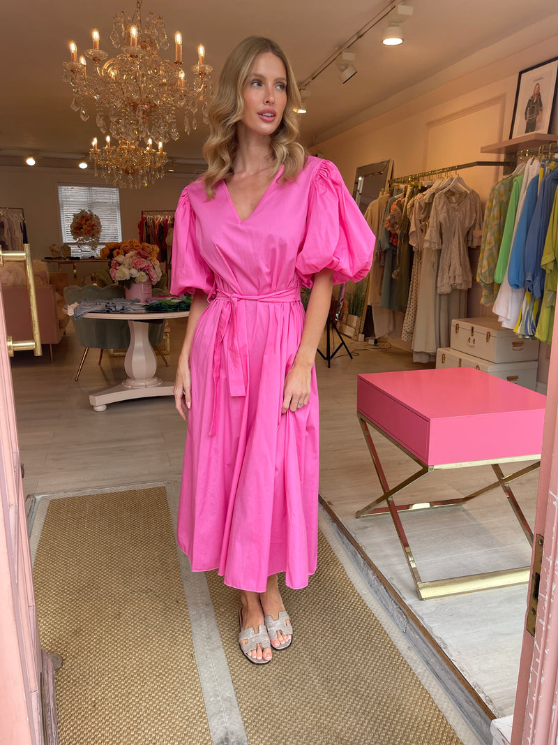 EMMI PINK PUFF SLEEVE MIDI DRESS