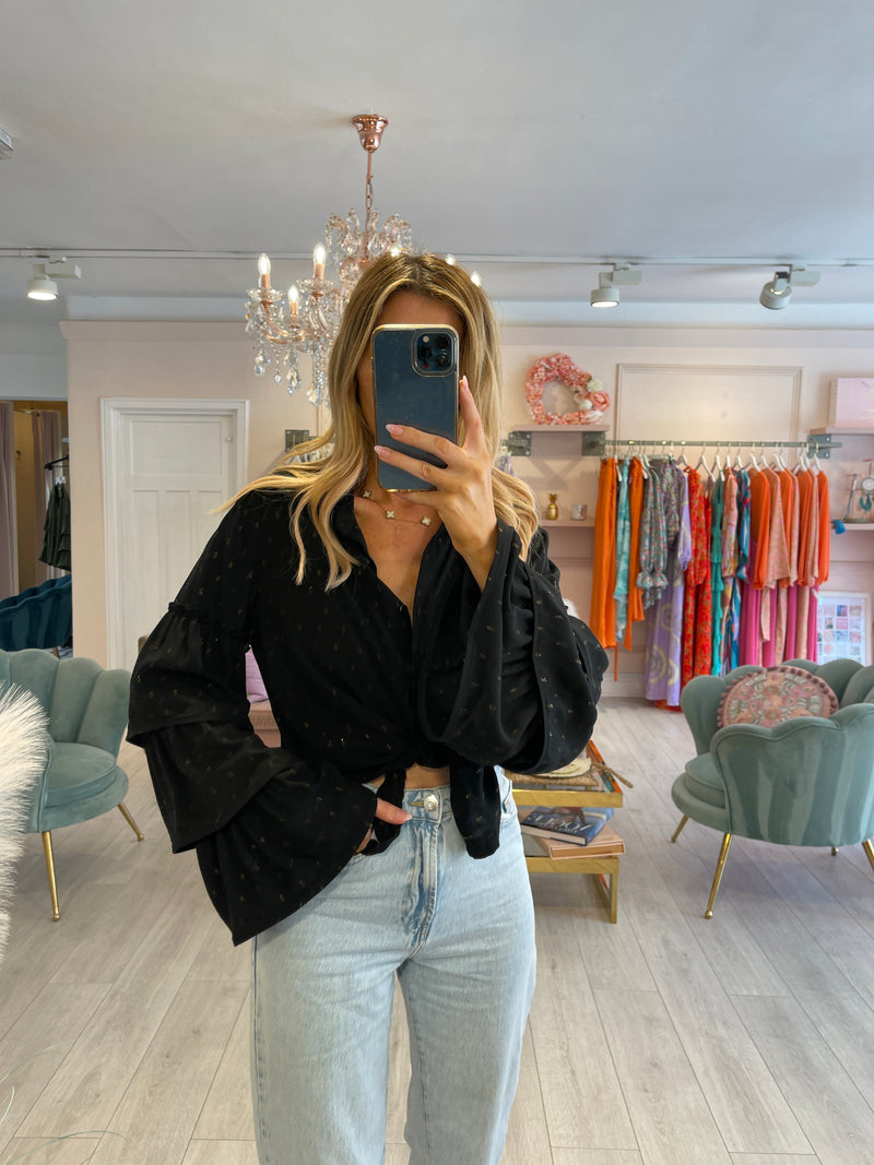 NELLIE LUREX THREAD TIERED SLEEVE BLOUSE IN BLACK