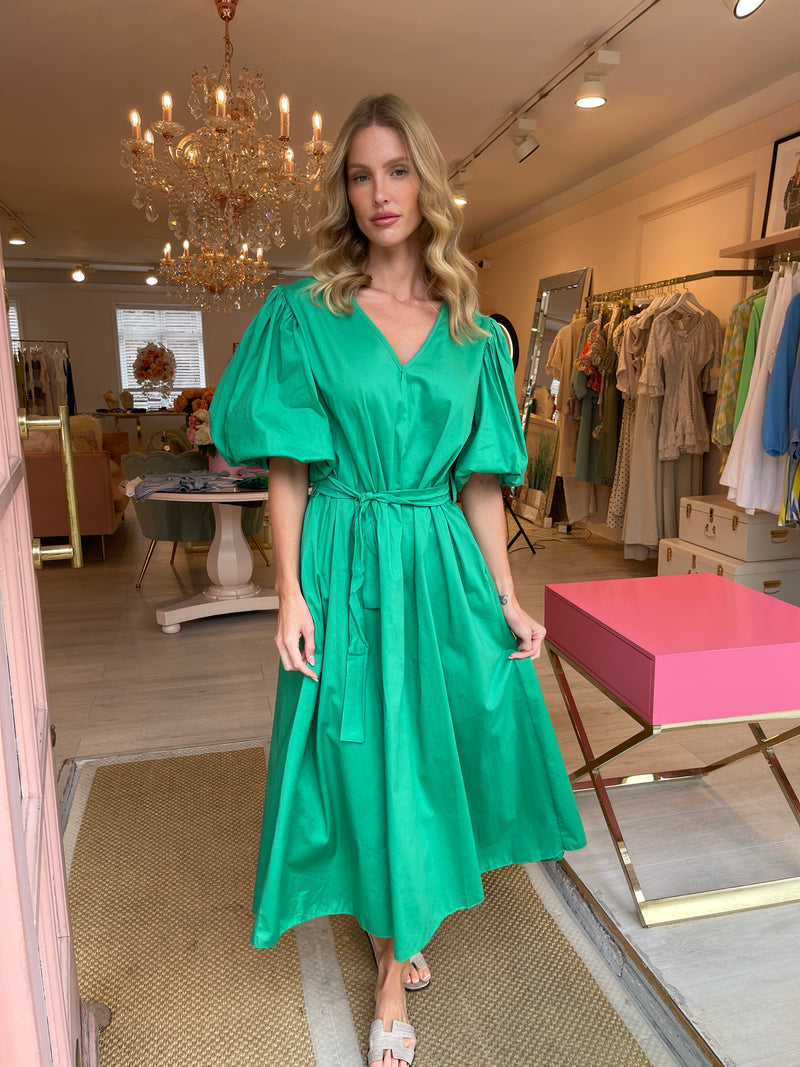 EMMI GREEN PUFF SLEEVE MIDI DRESS