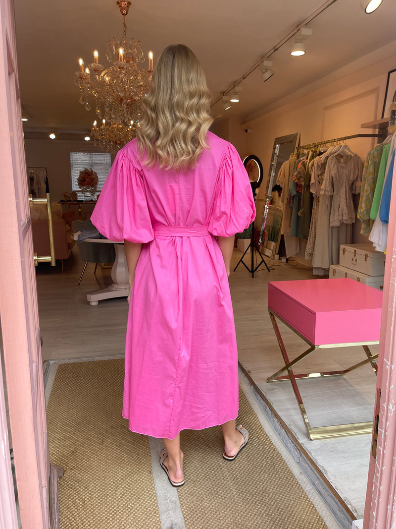 EMMI PINK PUFF SLEEVE MIDI DRESS