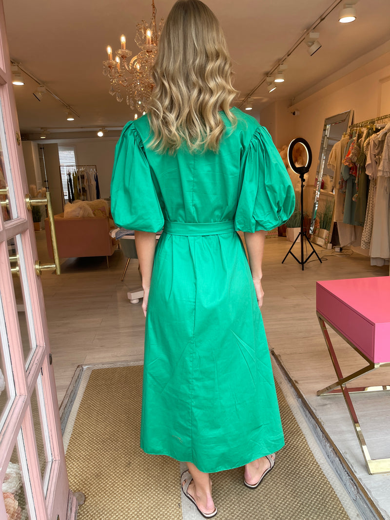 EMMI GREEN PUFF SLEEVE MIDI DRESS