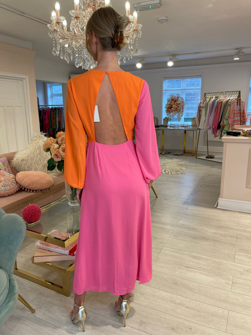 FRIEDA KNOT CONTRAST DRESS ORANGE/PINK