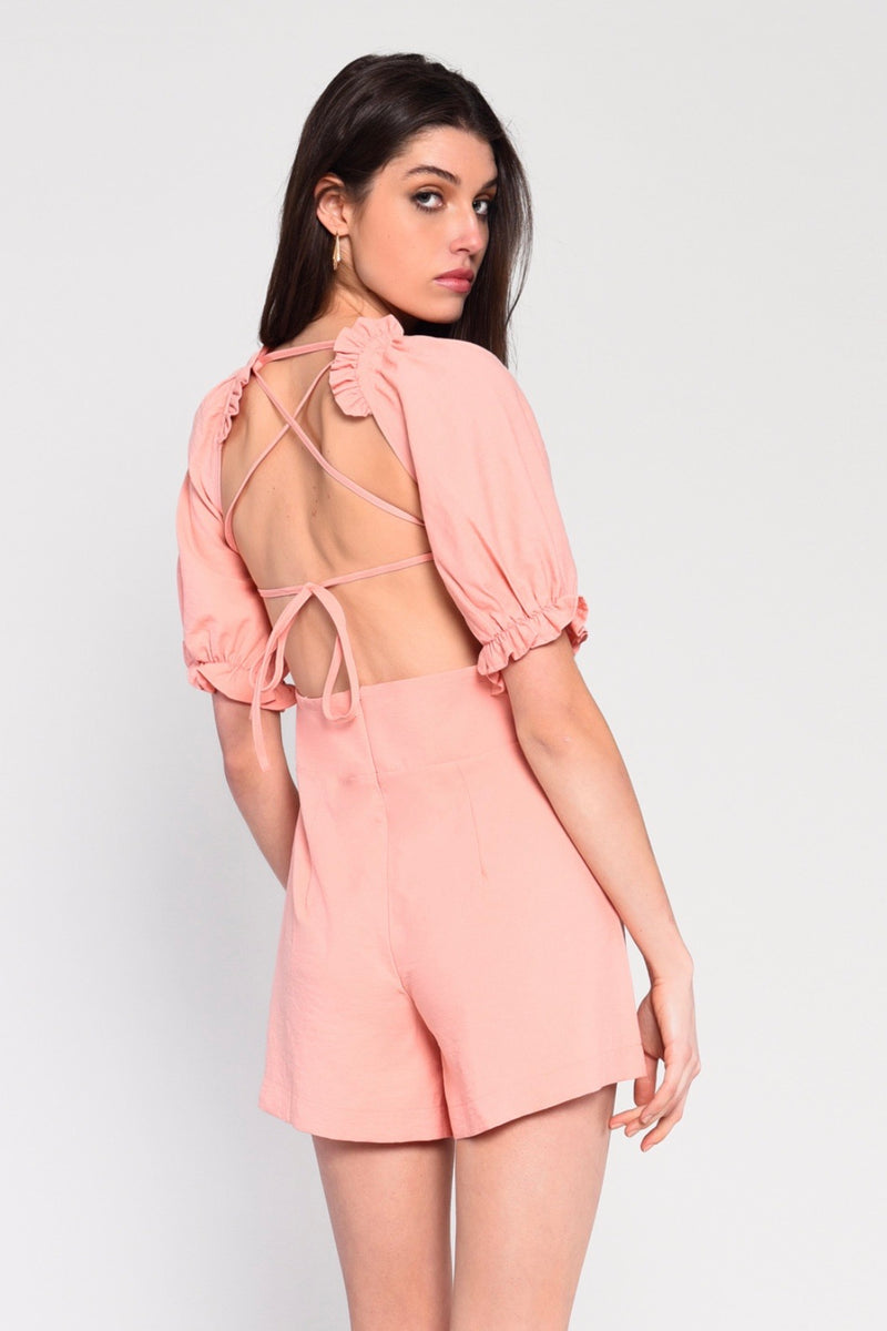 CORAL TIE BACK MINI PUFF SLEEVE PLAYSUIT