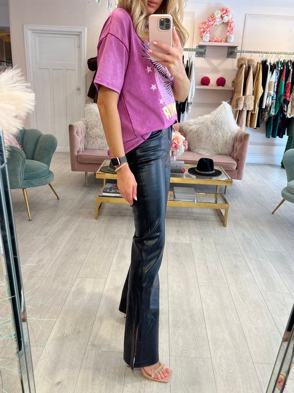 RHEA BLACK FAUX LEATHER ANKLE SLIT TROUSERS
