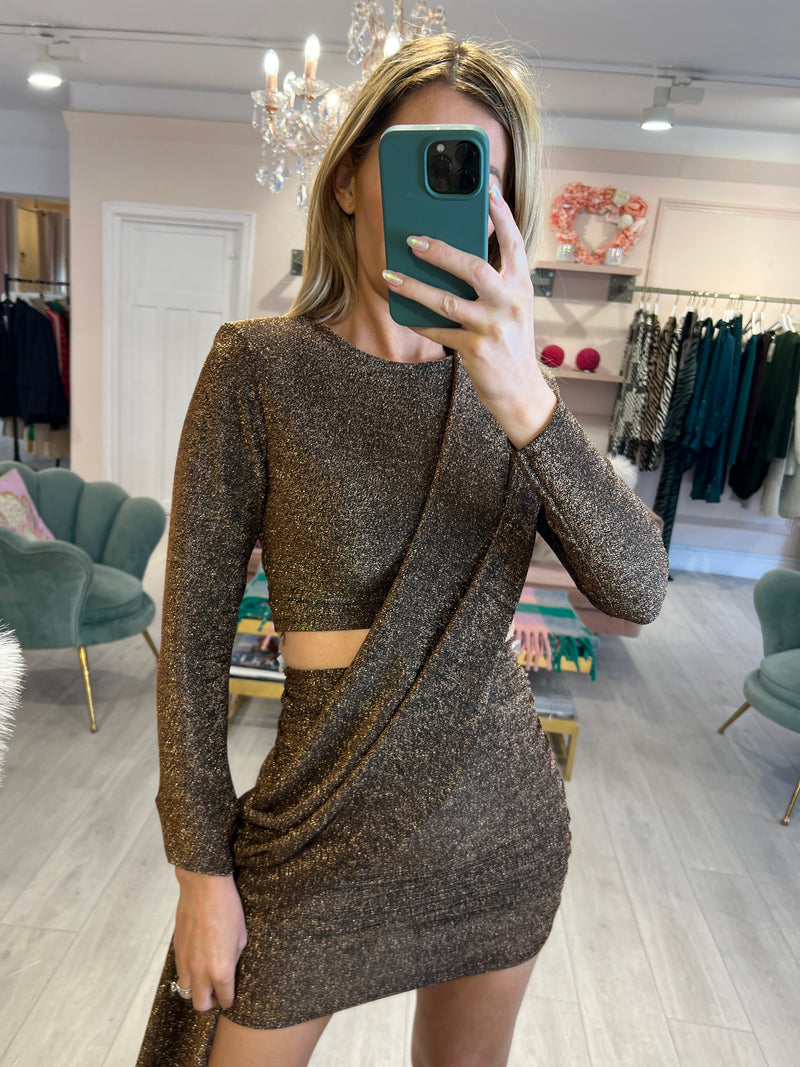AVA BRONZE LUREX SASH DRAPE DRESS