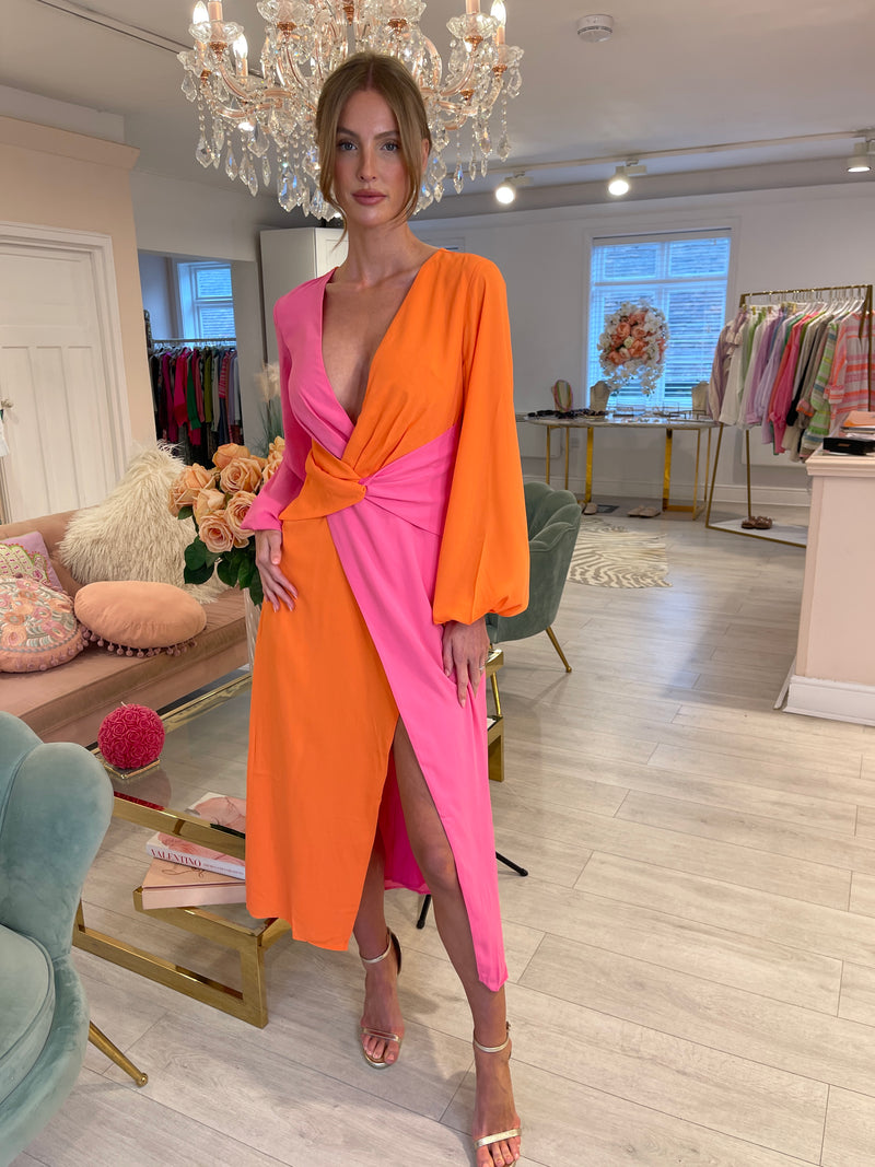 FRIEDA KNOT CONTRAST DRESS ORANGE/PINK
