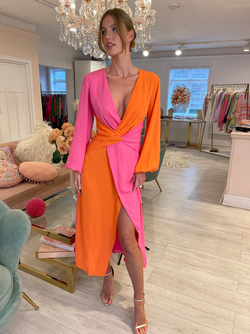 FRIEDA KNOT CONTRAST DRESS ORANGE/PINK