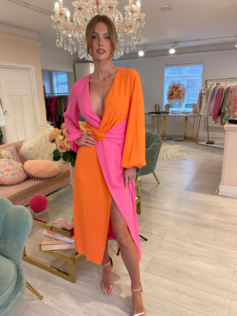 FRIEDA KNOT CONTRAST DRESS ORANGE/PINK