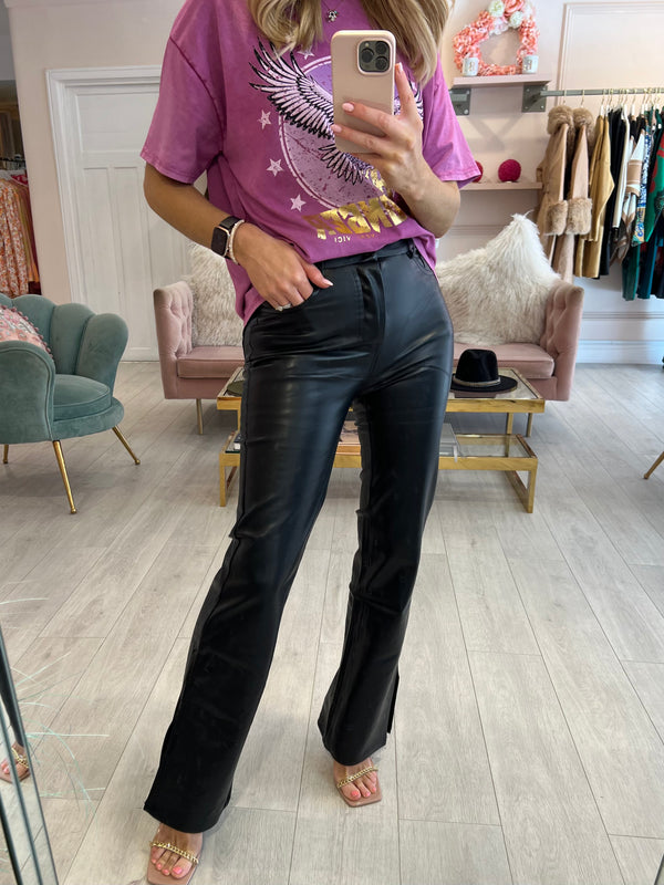 RHEA BLACK FAUX LEATHER ANKLE SLIT TROUSERS